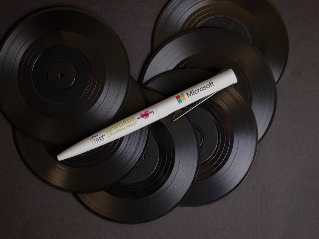 Switchback white metal pen with full color imprint on vinyl records